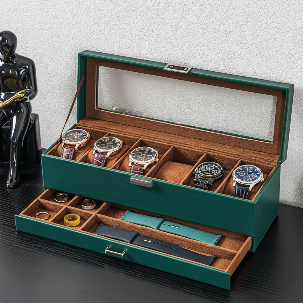 Elegant Dual-Layer Watch Storage Box with Drawer and Glass Top