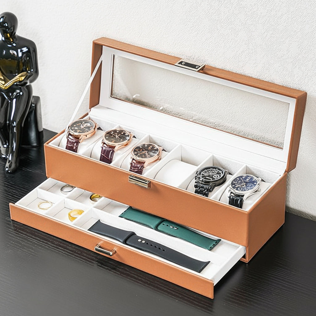 Elegant Dual-Layer Watch Storage Box with Drawer and Glass Top