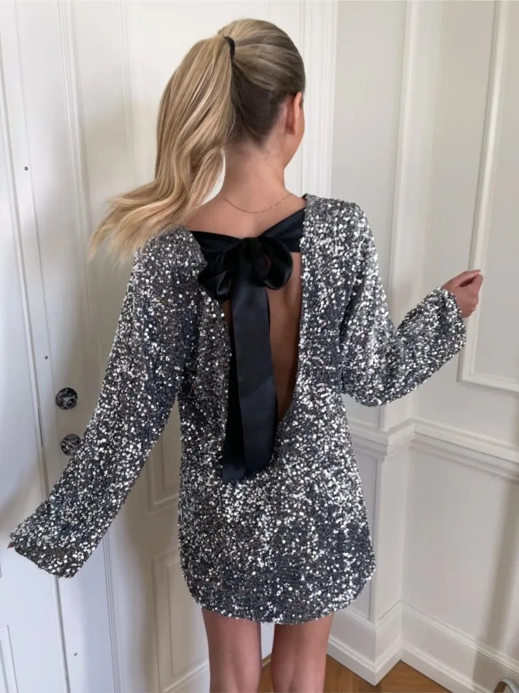 Women’s Mini Dress | Sequin Embellished & Open Back | Long Sleeve | Elegant Party Wear