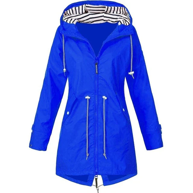 Women’s Waterproof Hooded Trench Coat | Adjustable Waist Drawstring | Zipper & Exterior Pockets | Windproof Protection