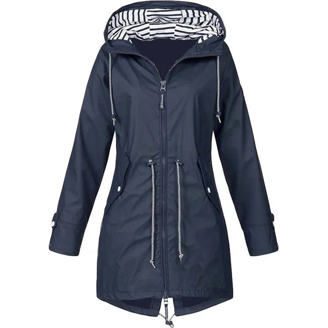 Women’s Waterproof Hooded Trench Coat | Adjustable Waist Drawstring | Zipper & Exterior Pockets | Windproof Protection