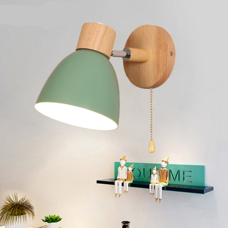 Wall Lamp | Scandinavian Wooden Shade | Metal Construction & Pull Switch | Space-Saving Design