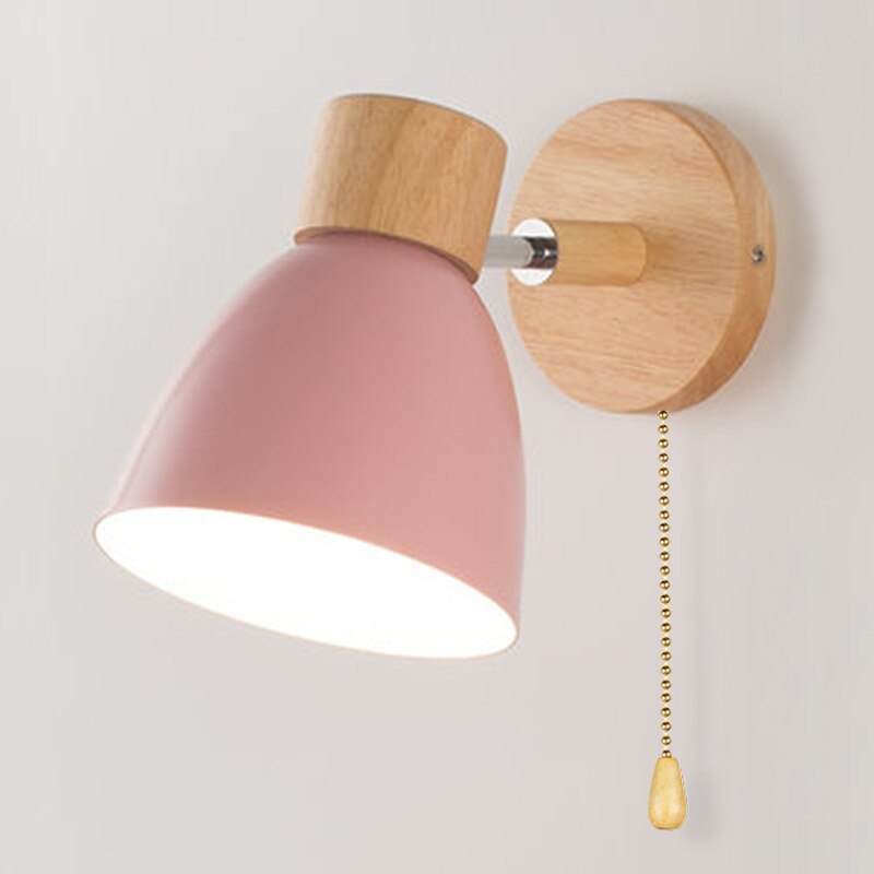 Wall Lamp | Scandinavian Wooden Shade | Metal Construction & Pull Switch | Space-Saving Design