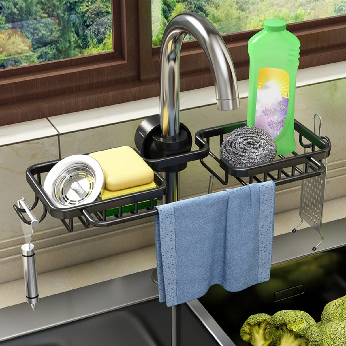 Kitchen Sink Organizer – Combined Sponge, Brush, and Towel Holder