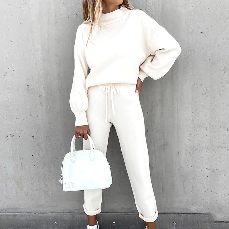 Women’s Two-Piece Loungewear Set | Soft Luxurious Fabric & Balloon Sleeves | High-Waist Jogger Pants with Pockets | Comfortable Warm Fit
