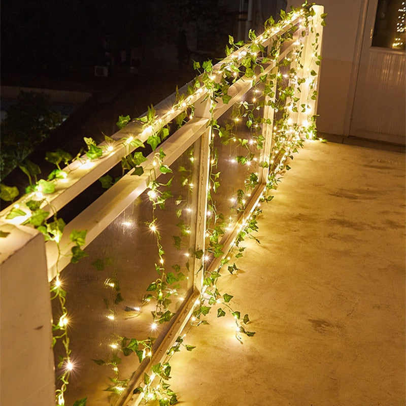 Battery Operated Garden Vine LED String Lights with Artificial Leaf Garland - Ivy, Watermelon, Green Dill, Two Color Ivy Vines - Warm White LED, Indoor/Outdoor, 2M-10M Lengths