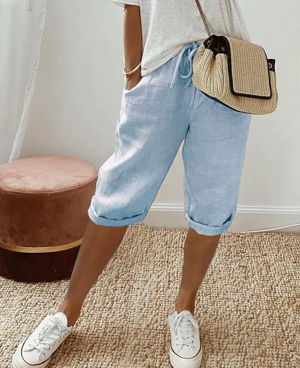 Women’s Linen Knee-Length Shorts | High-Rise Fit & Drawstring Waist | Breathable Stretch Fabric | Versatile Casual Wear
