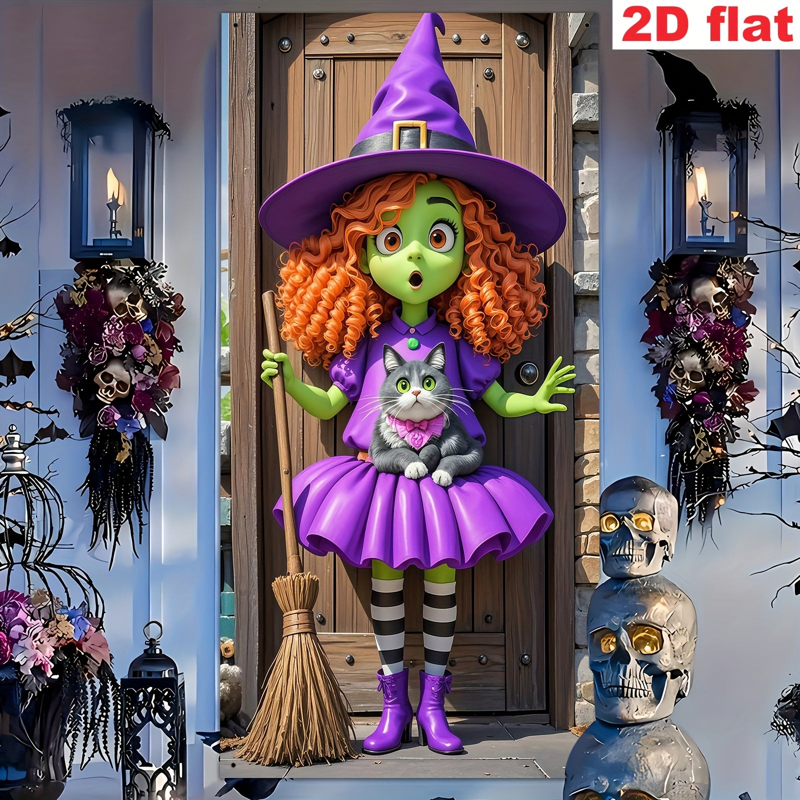 Halloween Door Banner with Witch & Cat Design, Indoor/Outdoor Decor