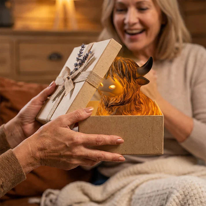 Resin Night Lamp featuring Highland Cow Design – Warm Amber Glow
