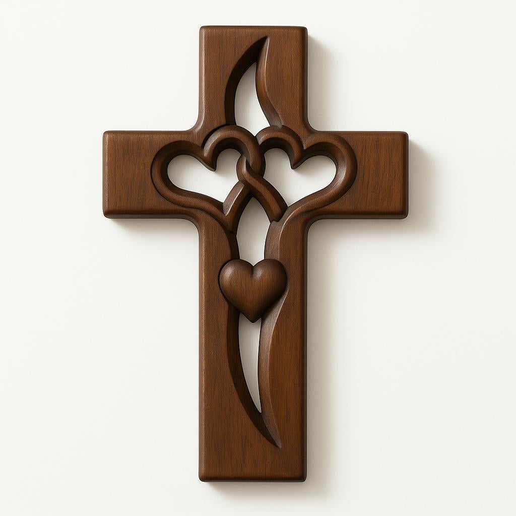 Wall Art Featuring Interwoven Hearts in Wood Cross Design