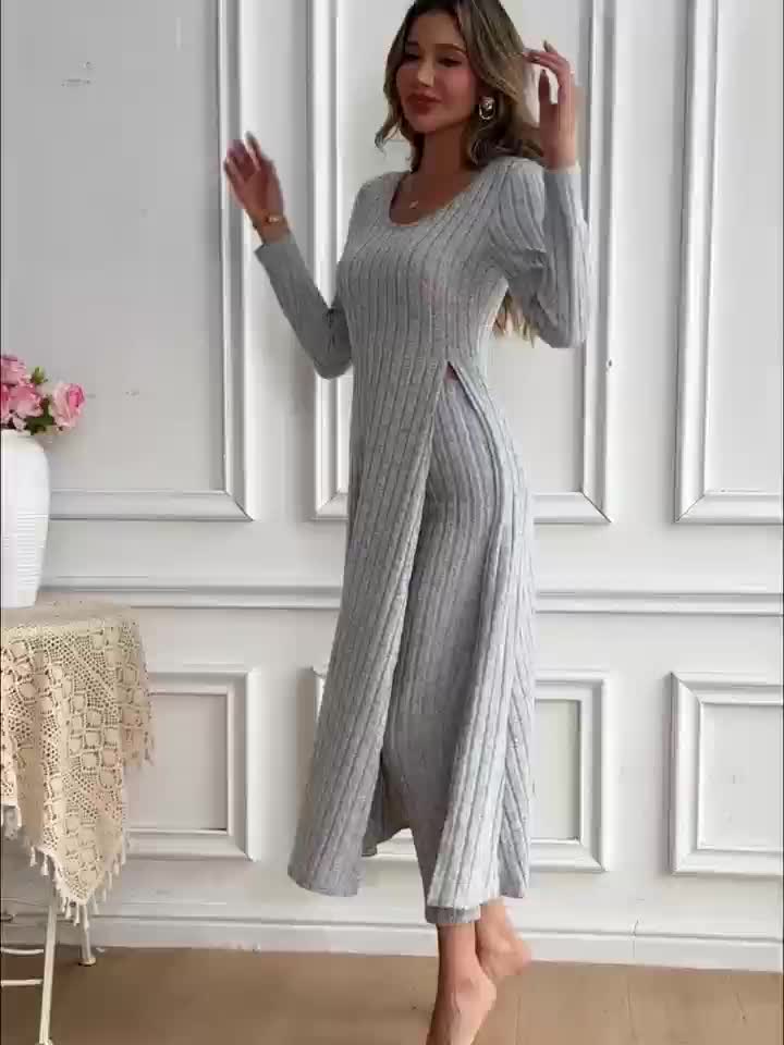 Women’s Lounge Set | Ribbed Long Sleeve | Comfortable Casual Wear | Stretch Fabric