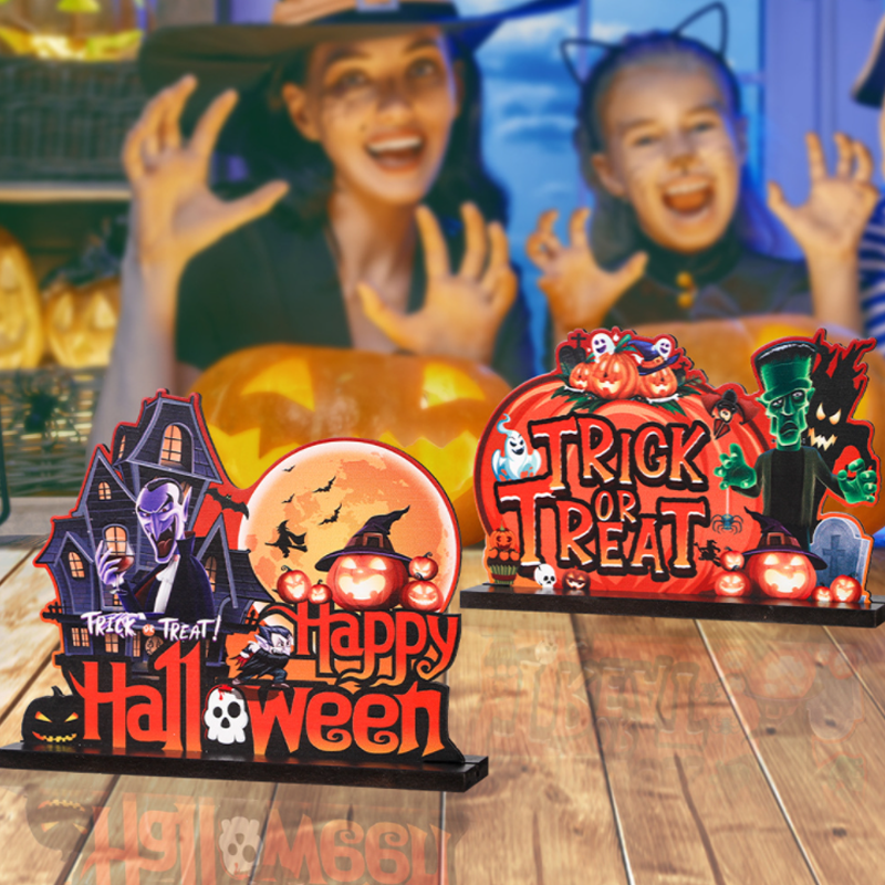 Halloween Wooden Table Decoration with Pumpkin and Spooky Motifs