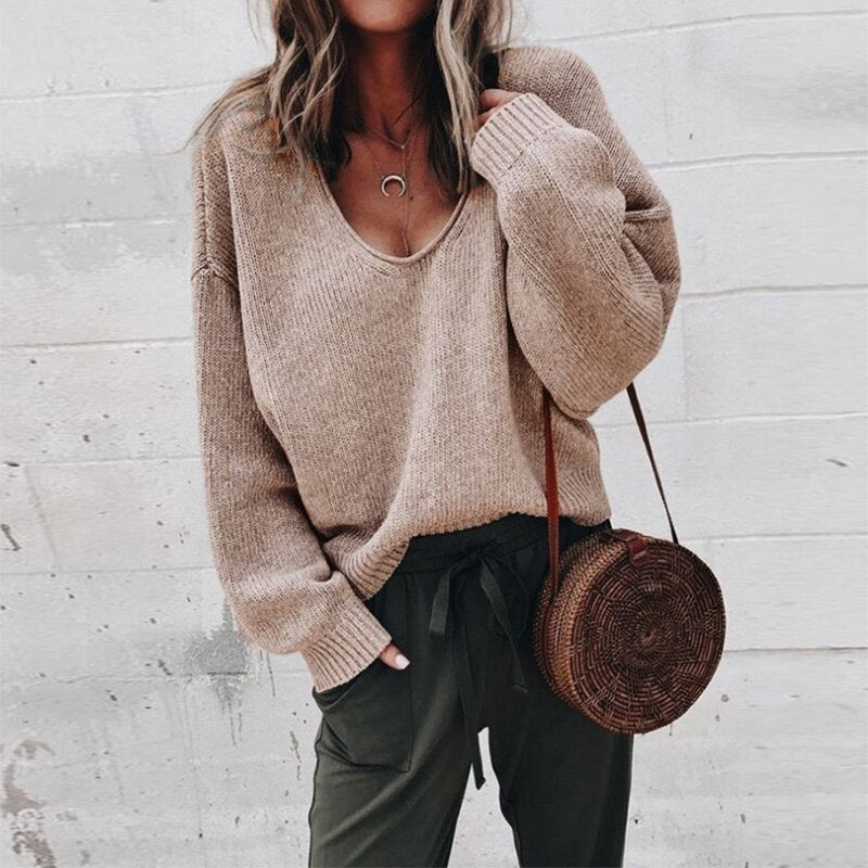 Women's Loose V-Neck Knit Pullover Sweater | Polyester Fabric | Comfortable Fit