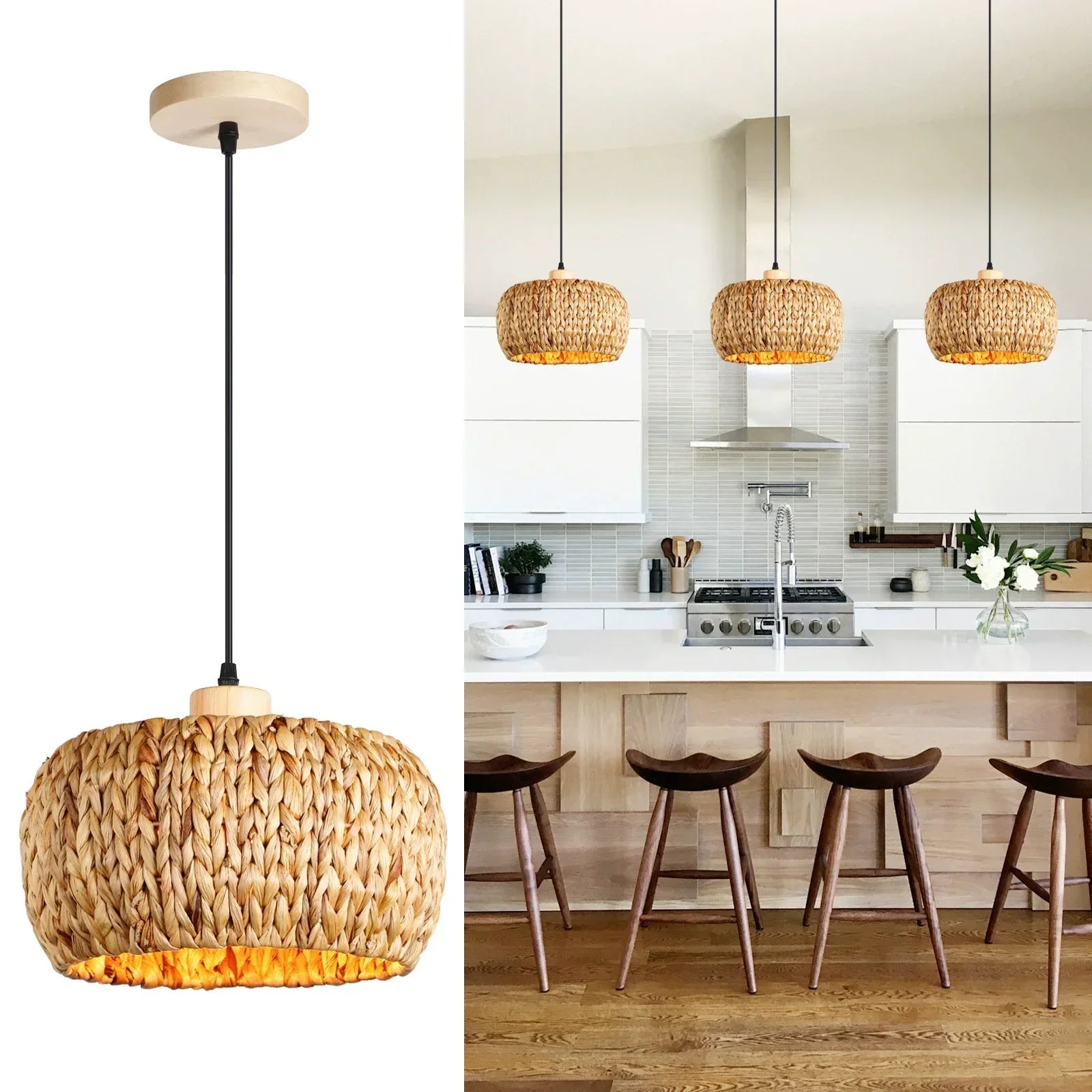Elara — Handwoven Natural Rattan Pendant Light with Warm Glow