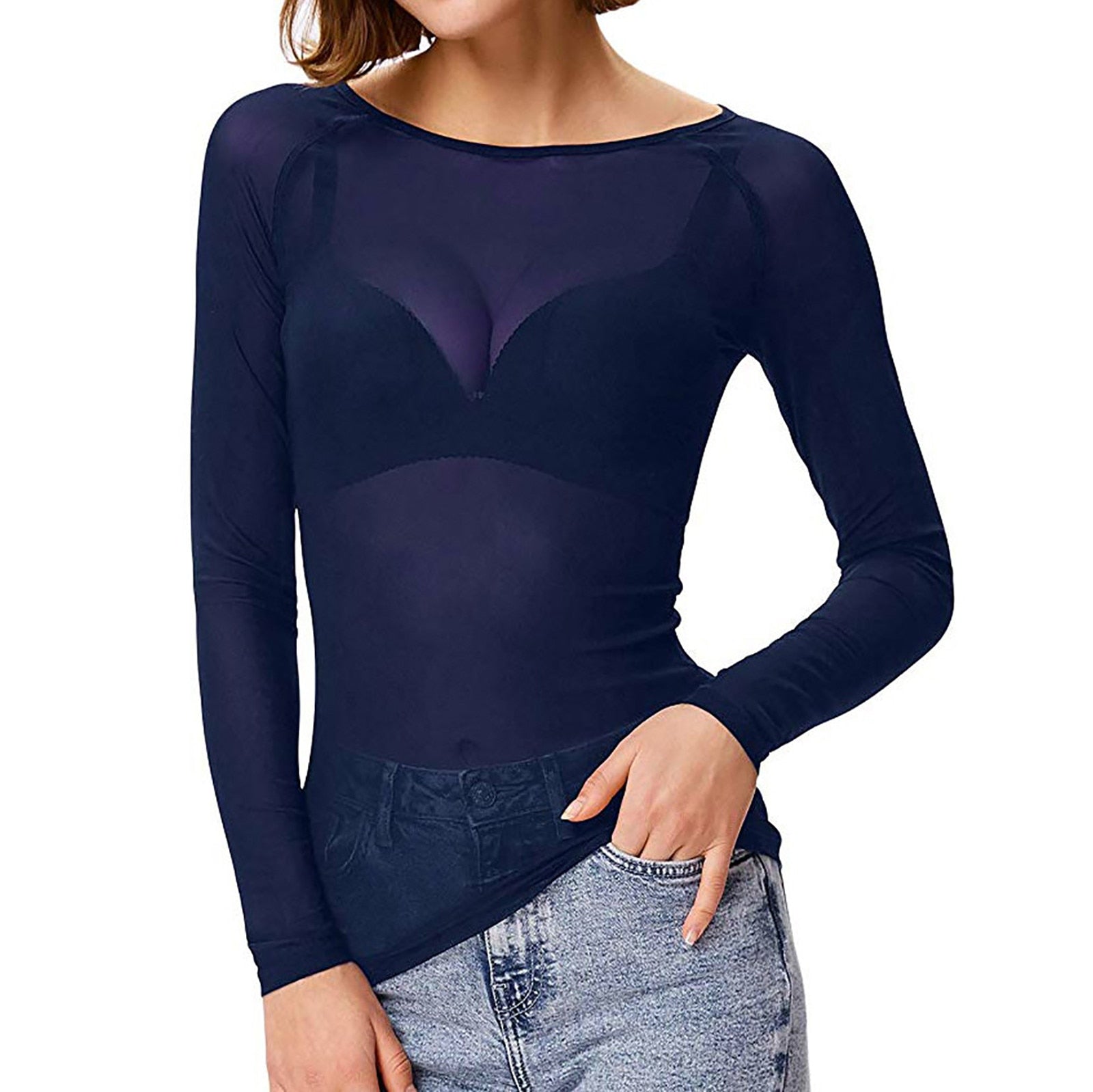 Women’s Long-Sleeve Mesh Top | Sheer & Fitted Design | Polyester Fabric | Versatile Layering