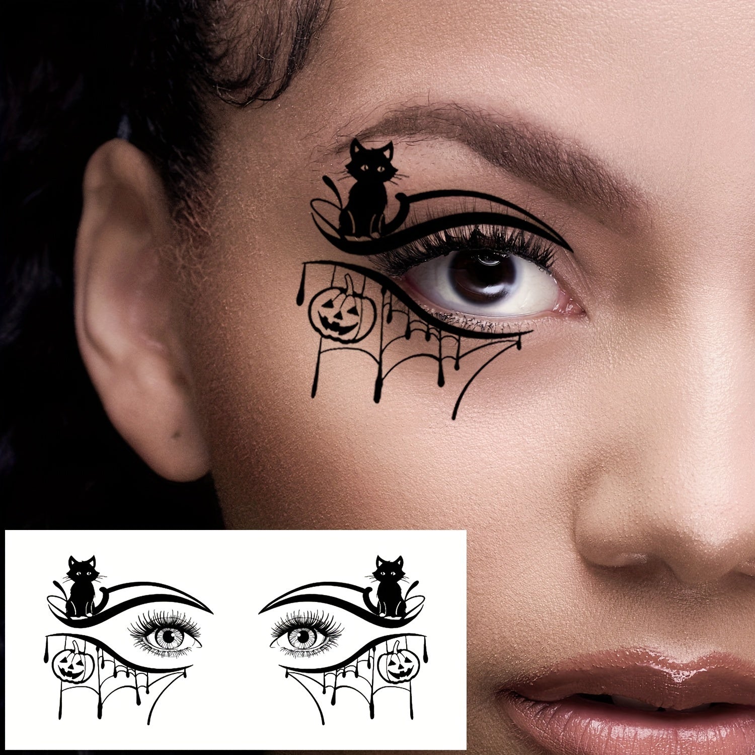 Halloween Temporary Eye Tattoo Stickers with Spooky Skull and Pumpkin Designs