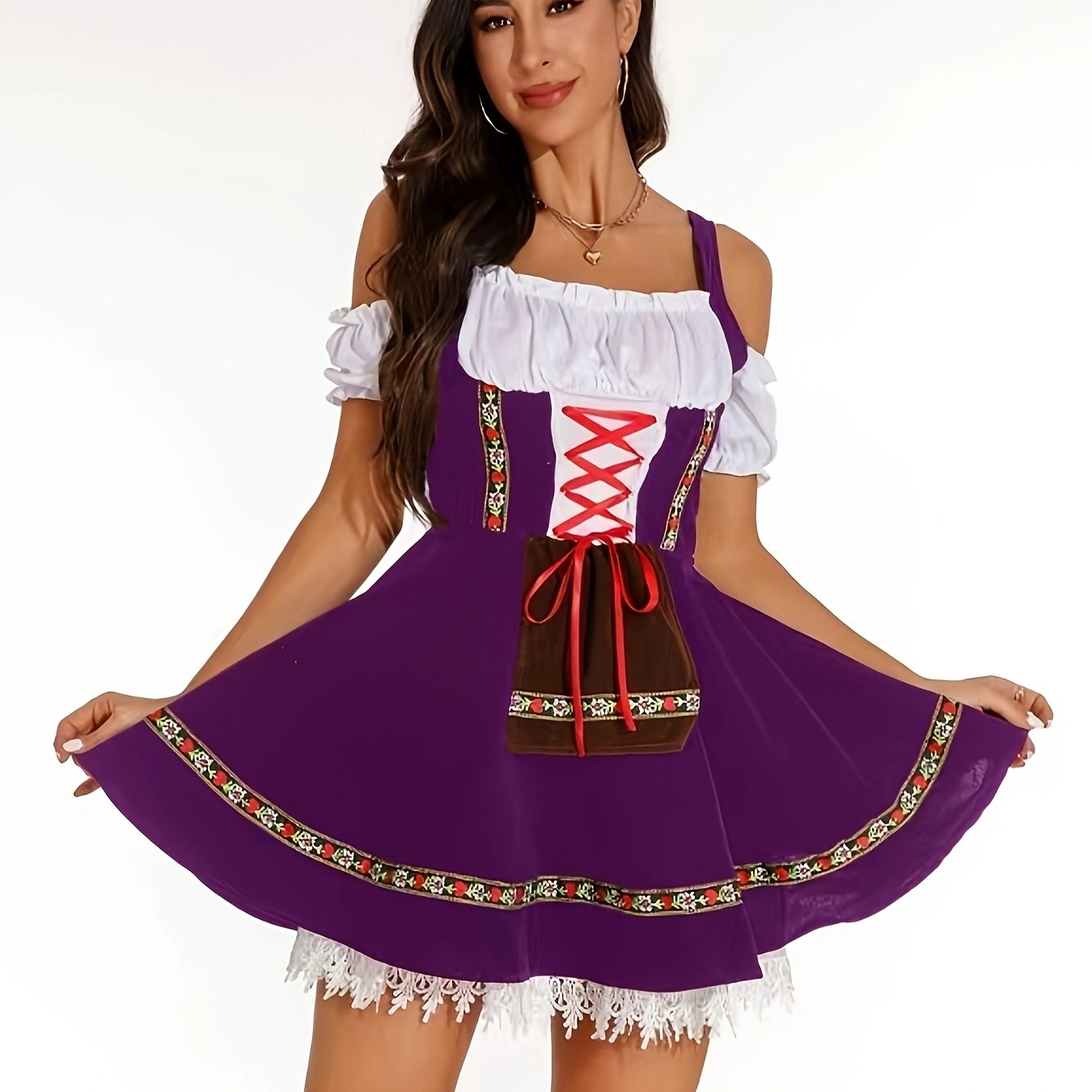 Women's Oktoberfest Dirndl Dress with Floral Trim and Red Ribbon Corset