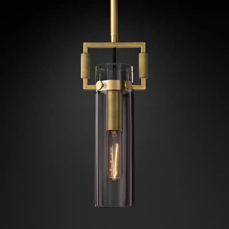 Lorian Glass Cylinder Pendant — Industrial Brass and Glass Lighting Fixture