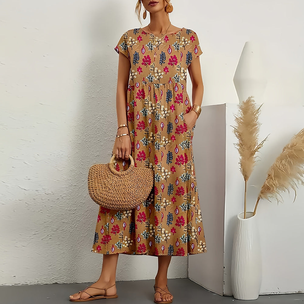 Women's Short-Sleeve A-Line Midi Dress | Linen-Cotton Blend & Pockets | Breathable Comfort