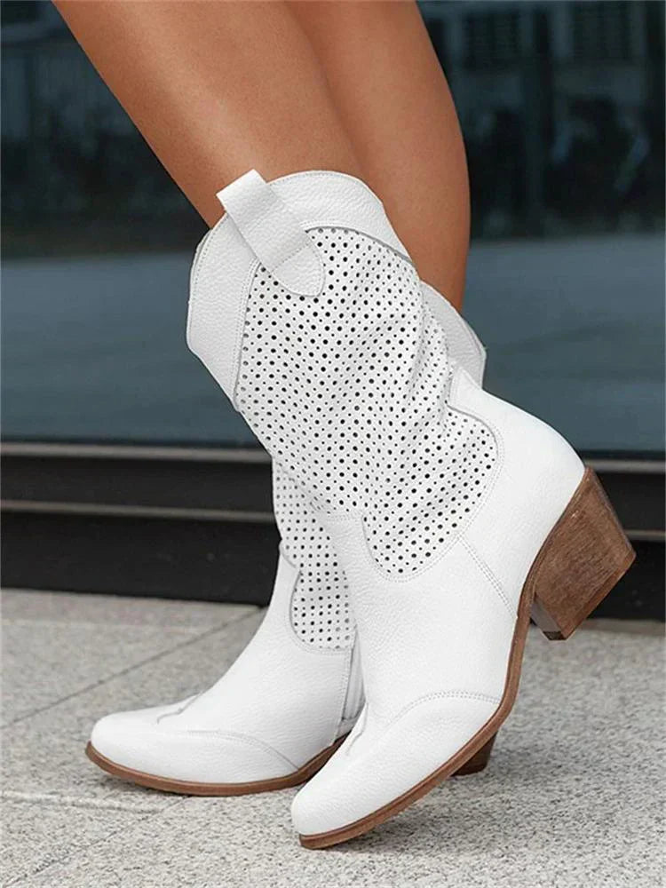 Women’s Leather Boots | Perforated Mid-Calf Western Style | Breathable Design & Stacked Heel | Comfortable All-Day Fit