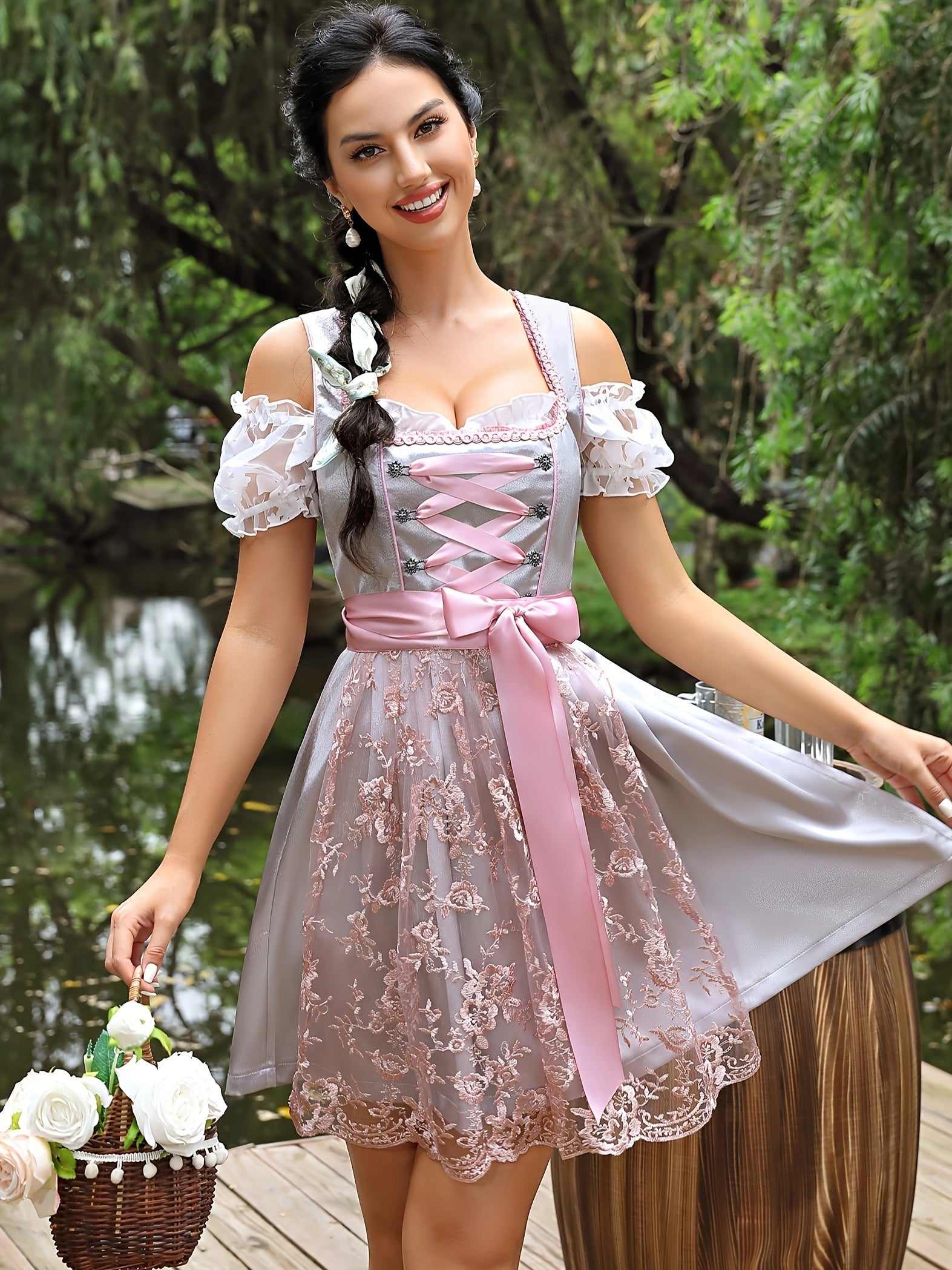 Women's Oktoberfest Dirndl Dress Set with Lace & Satin Accents