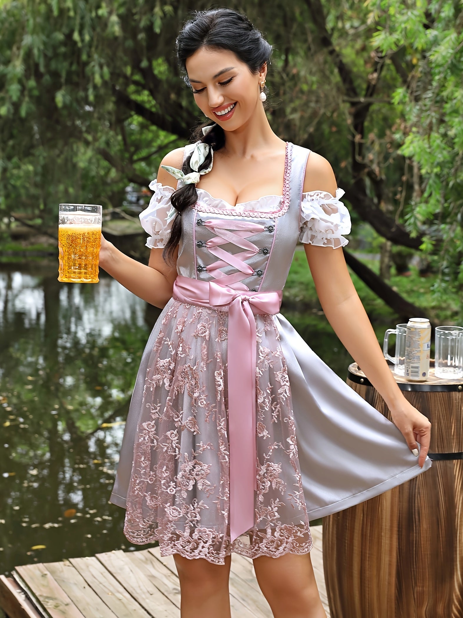 Women's Oktoberfest Dirndl Dress Set with Lace & Satin Accents