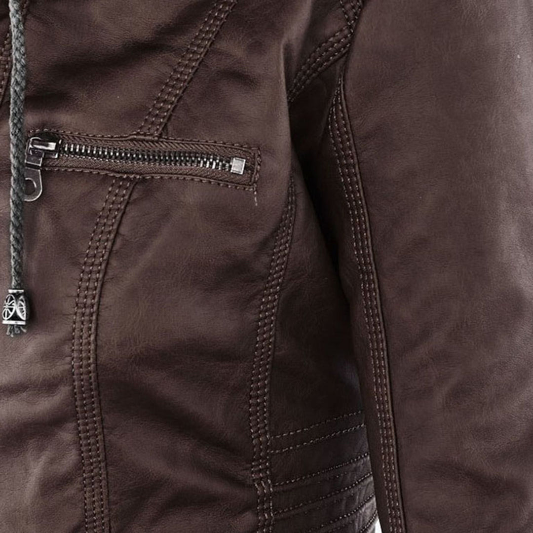 Women’s Weatherproof Leather Jacket | Detachable Hood & Zip Closure | Durable Polyester Fiber | Comfortable Fit