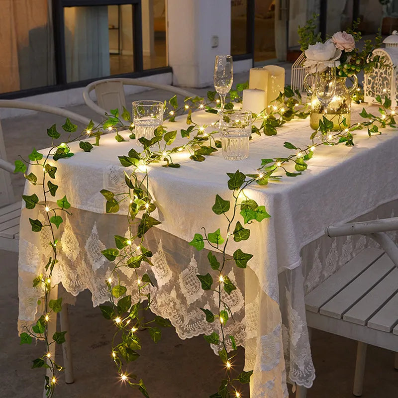 Battery Operated Garden Vine LED String Lights with Artificial Leaf Garland - Ivy, Watermelon, Green Dill, Two Color Ivy Vines - Warm White LED, Indoor/Outdoor, 2M-10M Lengths