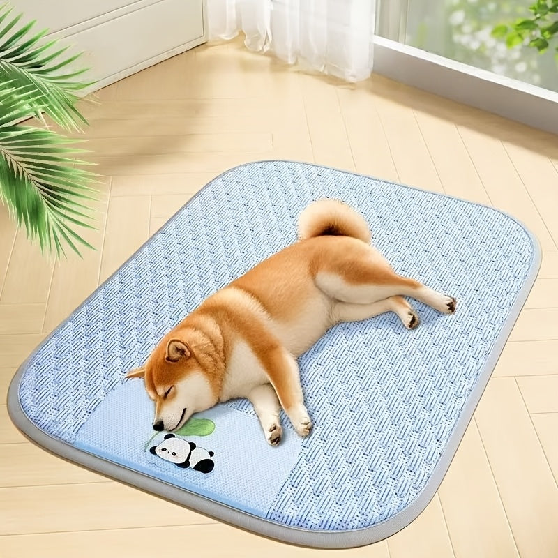 Dog Cooling Mat with Ice Bead Texture Fabric, Featuring Gray Piping Edges and an Adorable Panda Hugging a for Lotus Leaf Pattern Printed Underneath. Specially Designed for Pets During Summer. This Cooling Pad Serves as a Summer Cooling Sleeping Mat