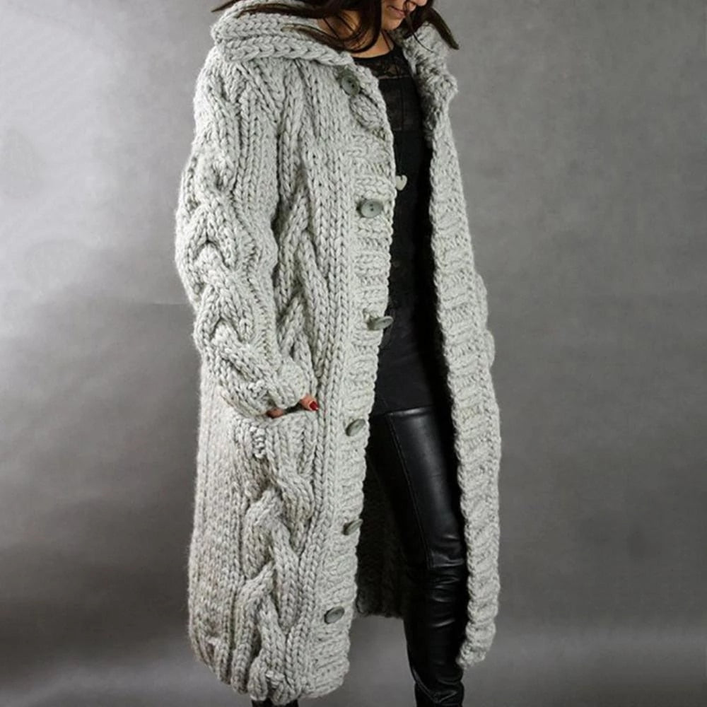 Women’s Long Knit Coat | Acrylic & Cotton Blend | Hooded with Button Closure | Mid-Calf Length Warmth