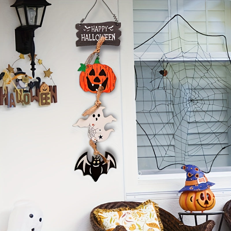 Rustic Wooden Halloween Door Decoration Pumpkin & Ghost Pendant