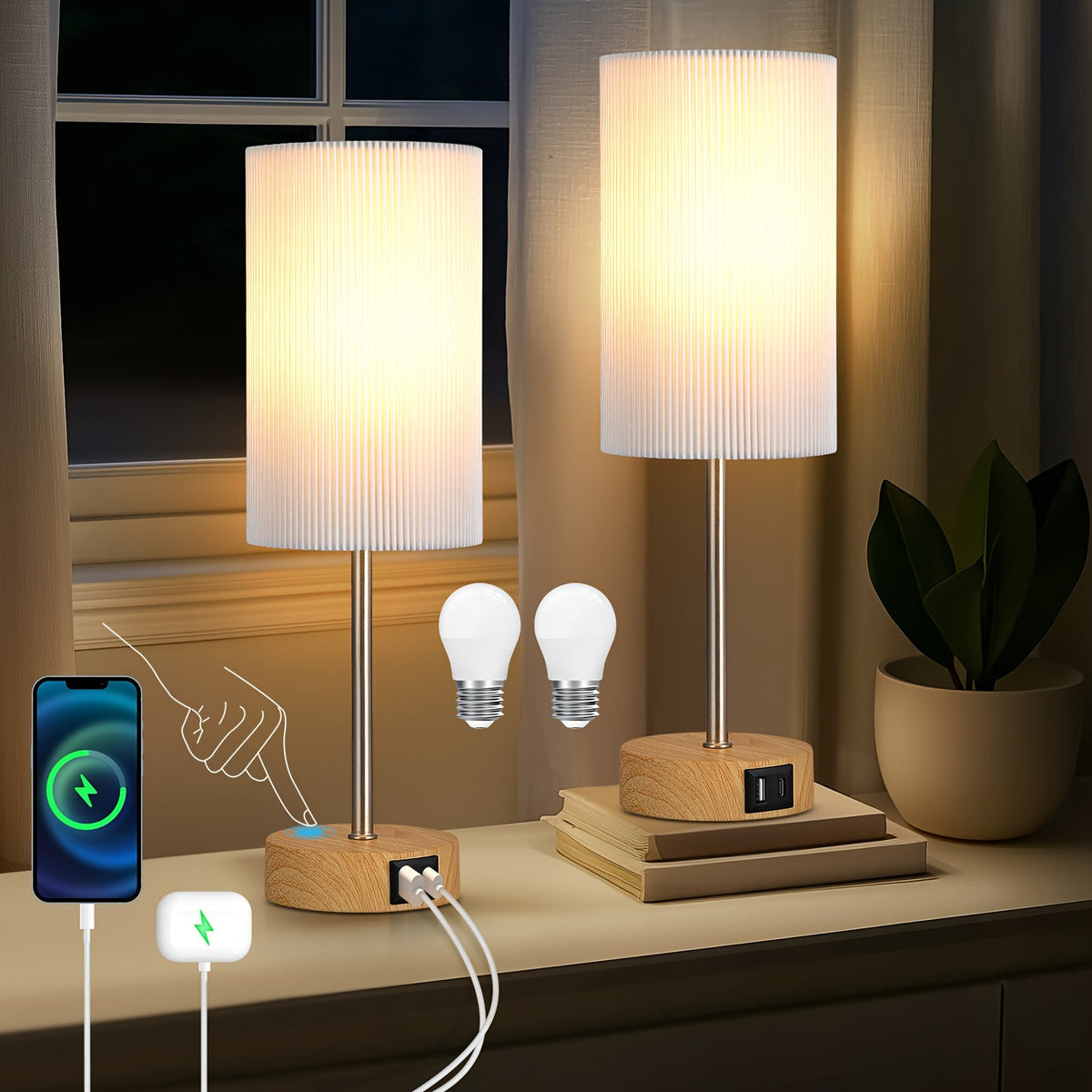 Set of 2 Touch-Controlled USB-Enabled Dimmable Table Lamps
