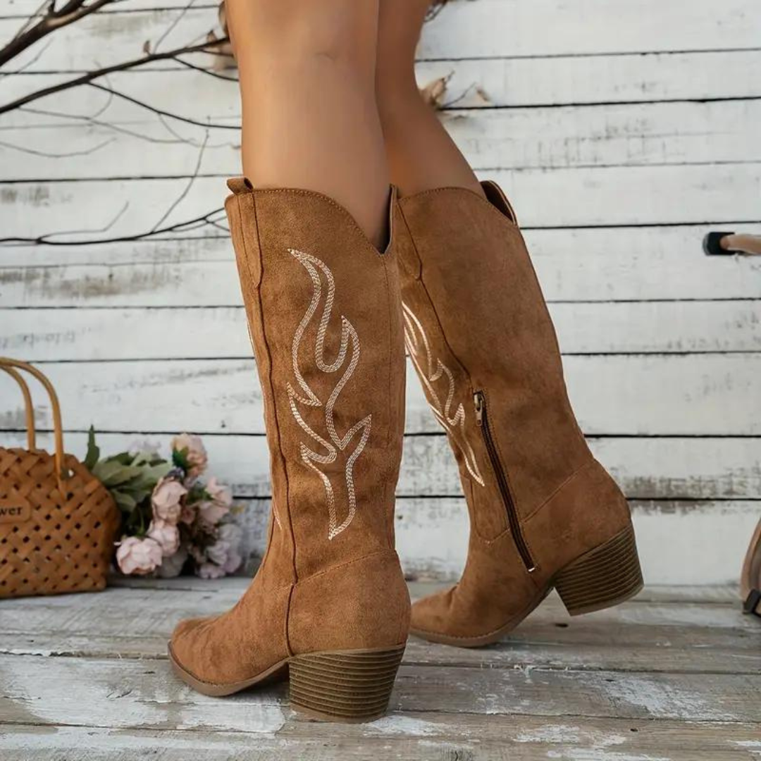 Women’s Knee-High Cowboy Boots | Chunky Heel & Side Zipper | Suede-Like Material | Comfortable Fit
