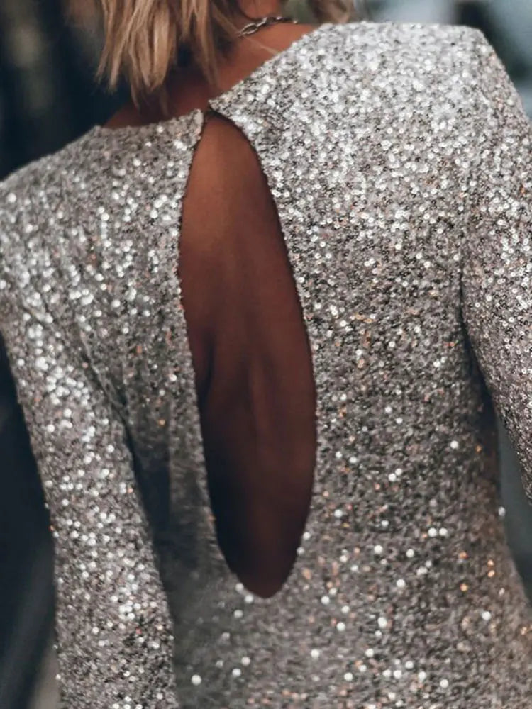 Women’s Mini Dress | Sequin Embellished & Open Back | Long Sleeve | Elegant Party Wear