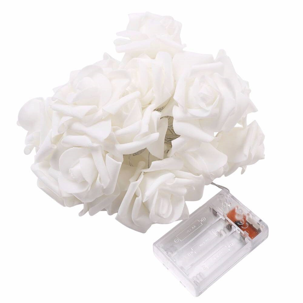 Warm White LED Rose String Lights - Battery Operated Flower Fairy Lights, 5-20ft, 10-40 LED Heads, White Foam or Frosted Roses, Romantic Indoor Decor