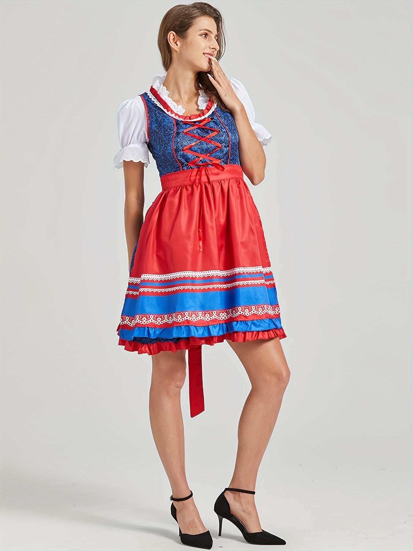 Women's Bavarian Oktoberfest Dress with Lace Blouse and Red Apron