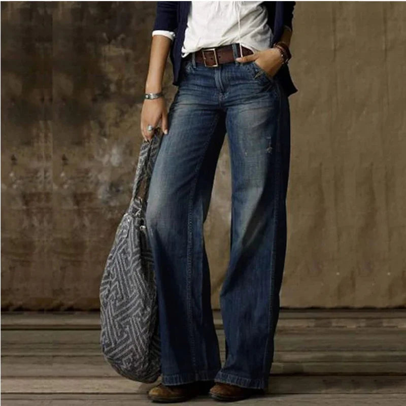 Women’s Wide-Leg Jeans | High-Rise Waistband | Durable Polyester Fabric | All-Season Comfort