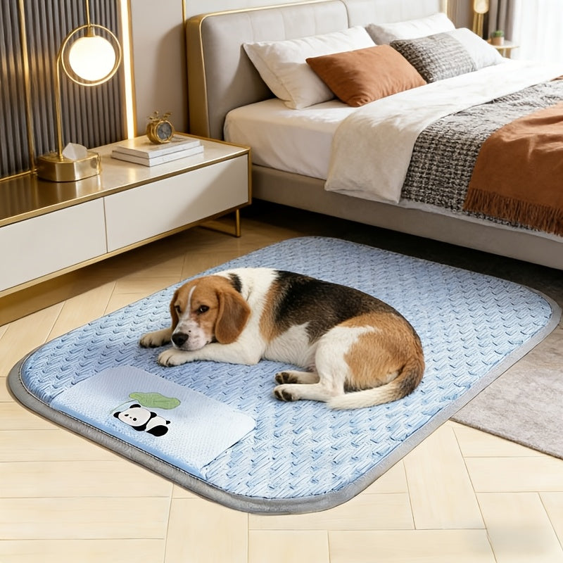 Dog Cooling Mat with Ice Bead Texture Fabric, Featuring Gray Piping Edges and an Adorable Panda Hugging a for Lotus Leaf Pattern Printed Underneath. Specially Designed for Pets During Summer. This Cooling Pad Serves as a Summer Cooling Sleeping Mat