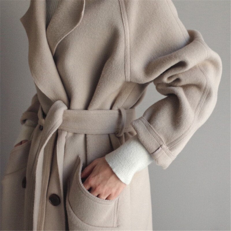 Women’s Long Wool Coat | Belted Waist & Double-Breasted Design | Warm & Durable Winter Outerwear