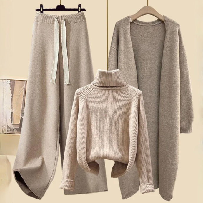 Women’s Three-Piece Knit Lounge Set | Wide-Leg Drawstring Pants & Cropped Turtleneck | Long Cardigan | Comfortable Fit
