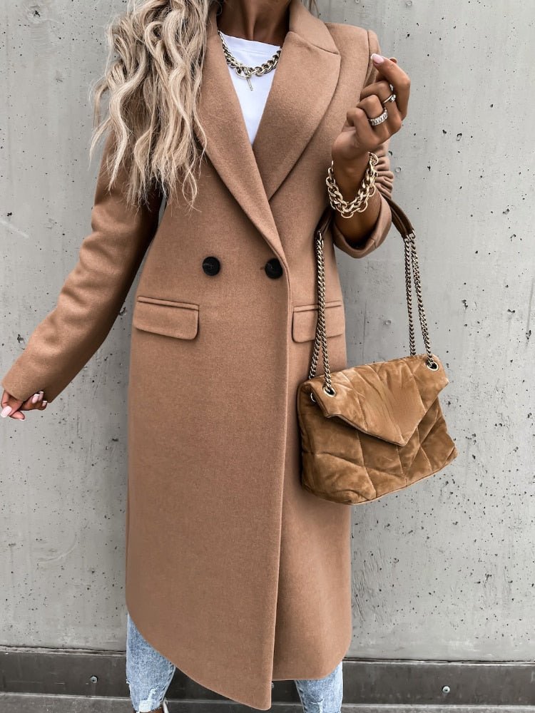 Women’s Long Double-Breasted Overcoat | Warm Polyester Fabric | Classic Lapels & Flap Pockets | Below Knee Length