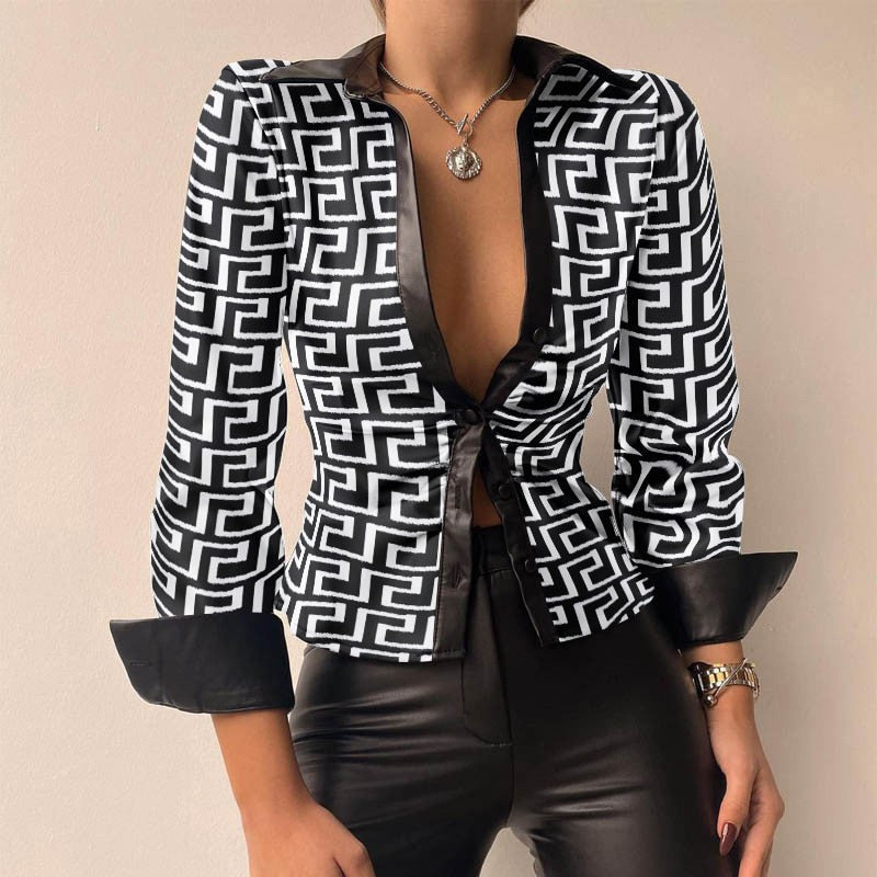 Women’s Blouse | V-Neck PU Leather & Printed Styles | Long Sleeve & Tie-Front | Comfortable Fit