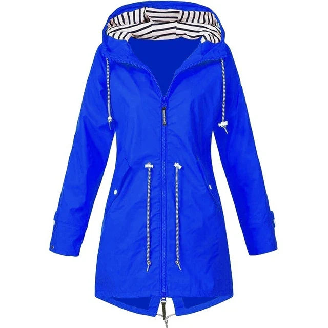 Women’s Waterproof Hooded Trench Coat | Adjustable Waist Drawstring | Zipper & Exterior Pockets | Windproof Protection