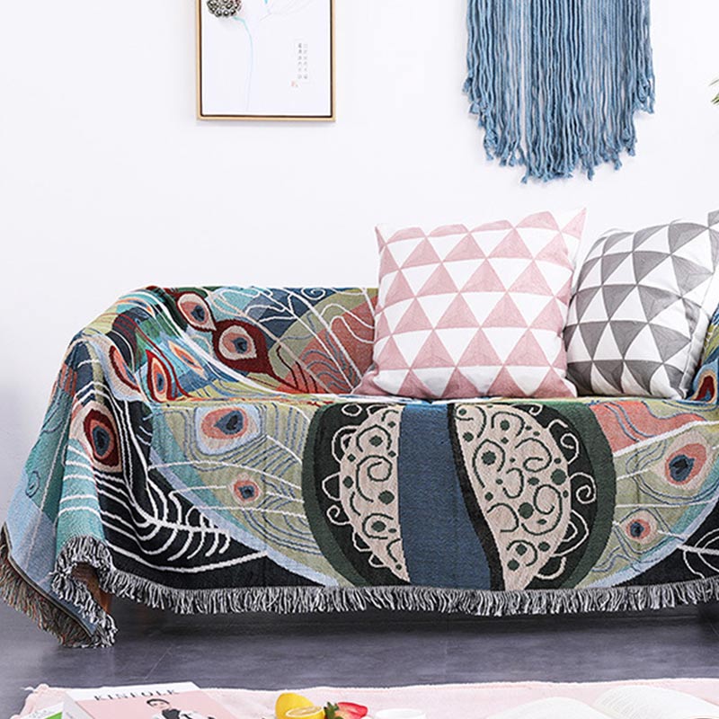 Reversible Peacock Print Blanket with Fringes