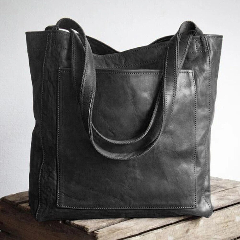 Women’s Leather Shoulder Bag | Classic Black Leather | Adjustable Strap | Durable Everyday Tote