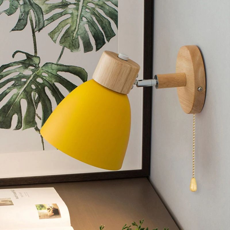 Wall Lamp | Scandinavian Wooden Shade | Metal Construction & Pull Switch | Space-Saving Design
