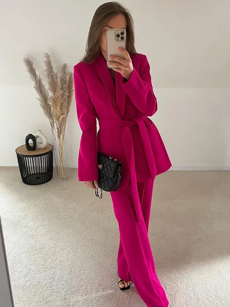 Women’s Two-Piece Suit | Belted Blazer & Matching Tailored Pants | Professional Style | Comfortable Fit