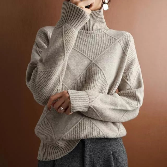Women’s Turtleneck Sweater | Loose Fit Panel Knit | Fluffy Wool Blend | Season-Long Warmth