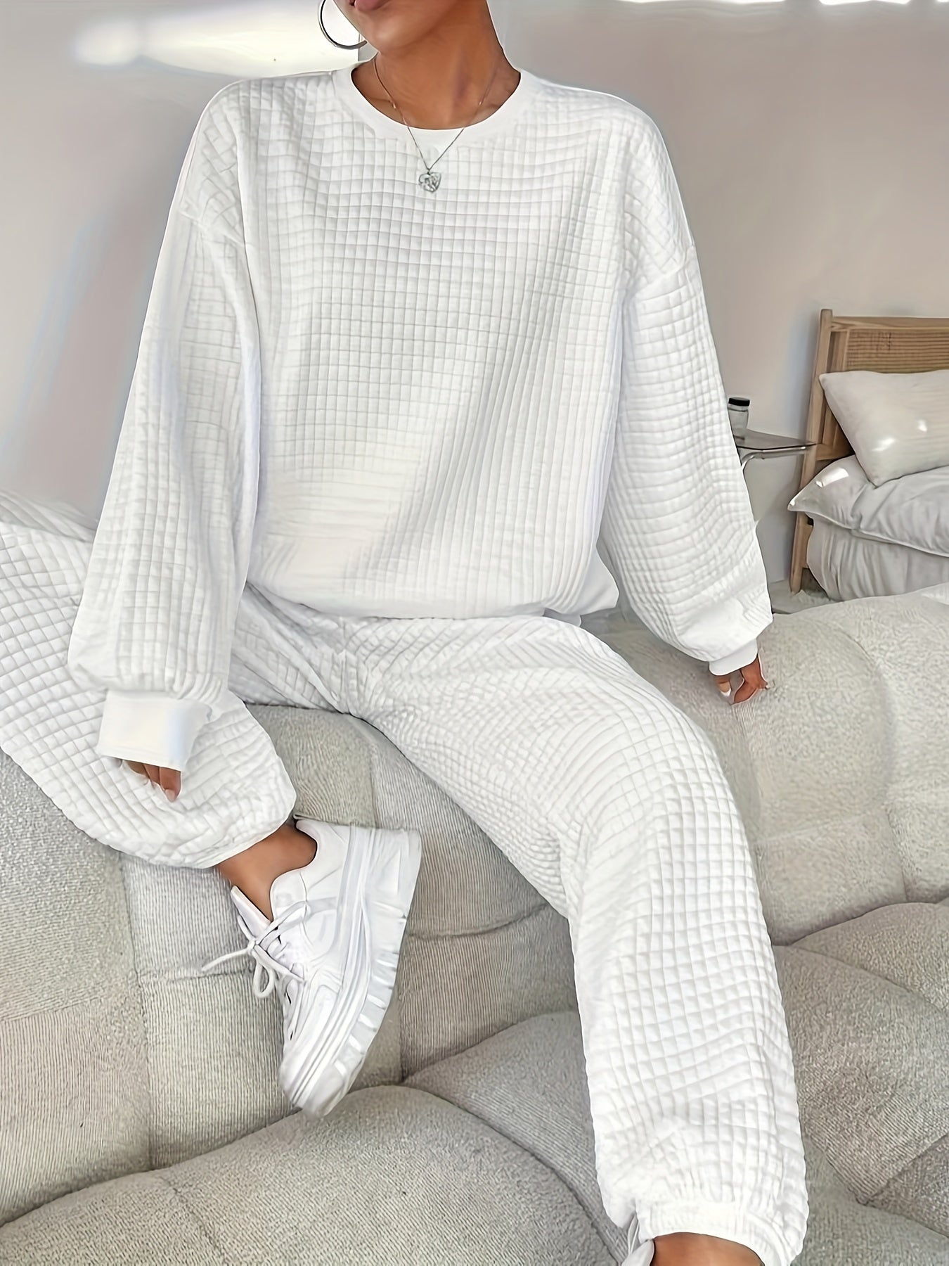 Waffle Knit Lounge Set | Relaxed Fit | Soft Stretch Comfort | Polyester