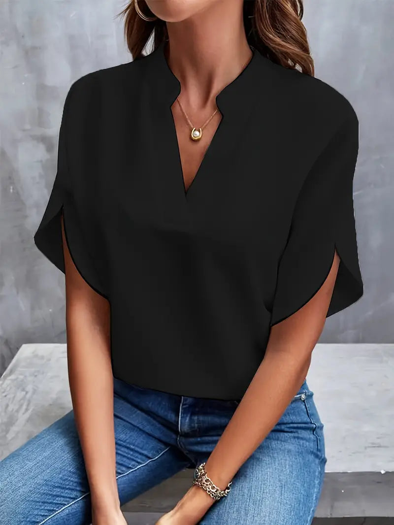 Women's Blouse | Lightweight V-Neck with Split-Sleeve Detailing | Soft Drapable Fabric | Comfortable Fit